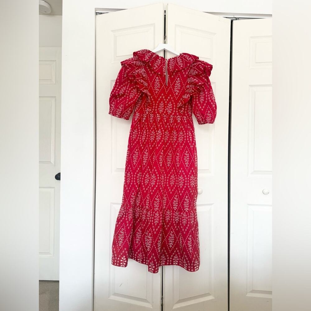 ZARA Red & White Eyelet Ruffle Puff Sleeve Short Sleeve Midi Dress Size XS - Picture 7 of 8